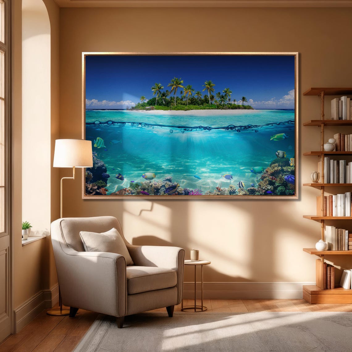 Tropical Island And Coral Reef Bedroom Wall Decor Split View With Waterline Beach Large Wall Art Palm Tree Tropical Beach - Image 3