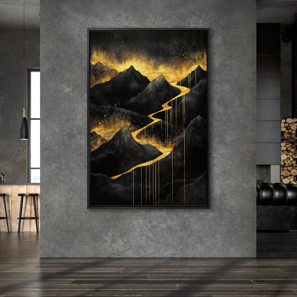 Dramatic Dark Mountains with Winding Golden River Landscape Poster - Image 2