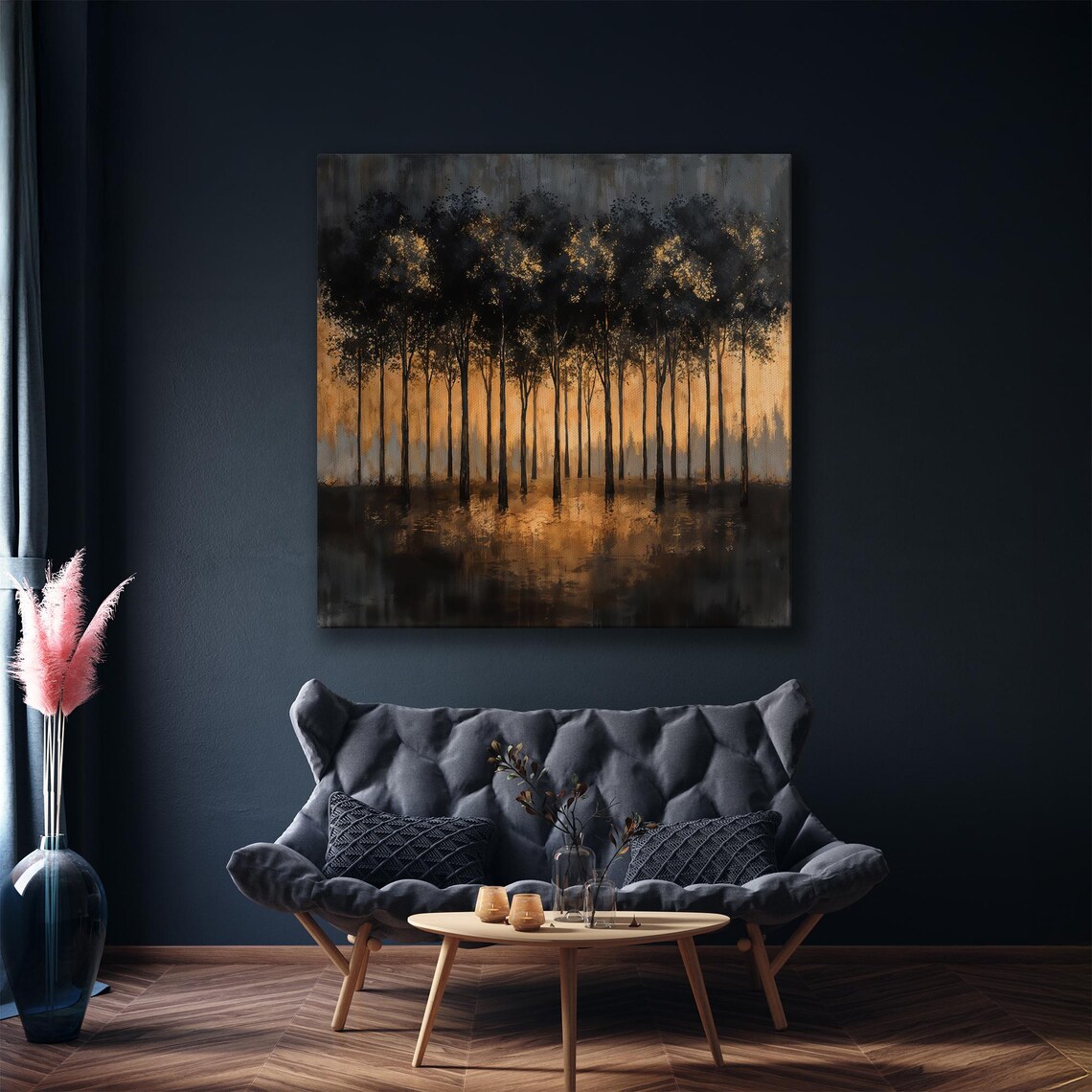 Dark Forest Trees Silhouettes in Golden Mist Reflection Art Poster - Image 5