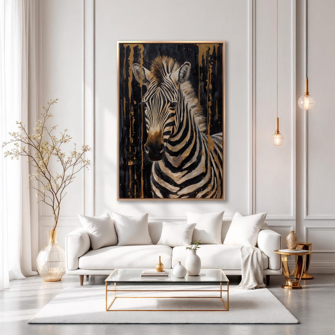 Zebra Portrait Gold Paint Drips On Black Safari Animal Wall Art - Image 2