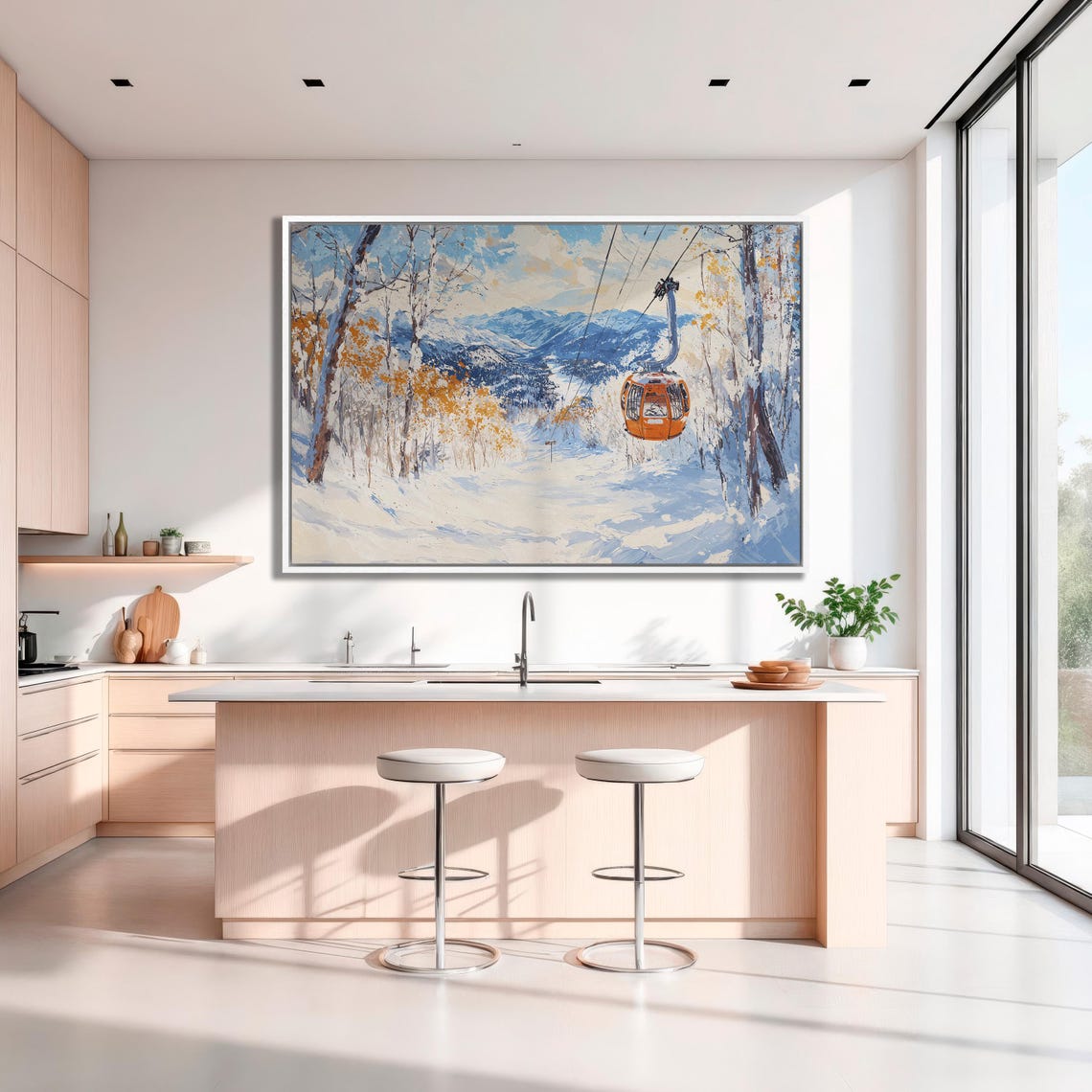 Orange Gondola Cabin Over Snowy Slope Birch Trees Ski Poster - Image 3