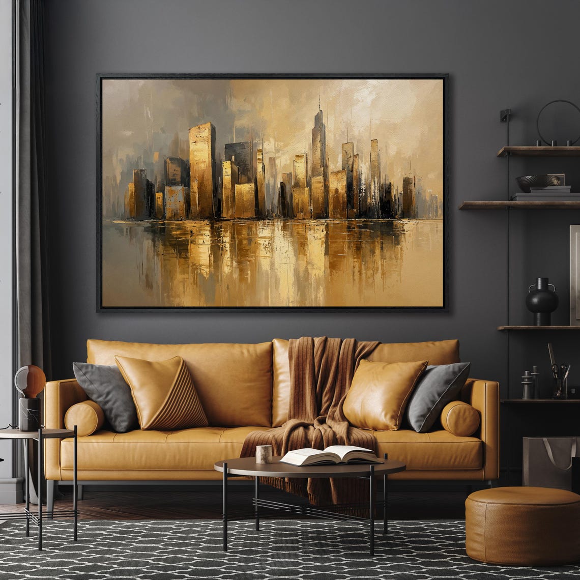 Hazy Golden City Skyline Reflection in Water Elegant Art Poster - Image 3