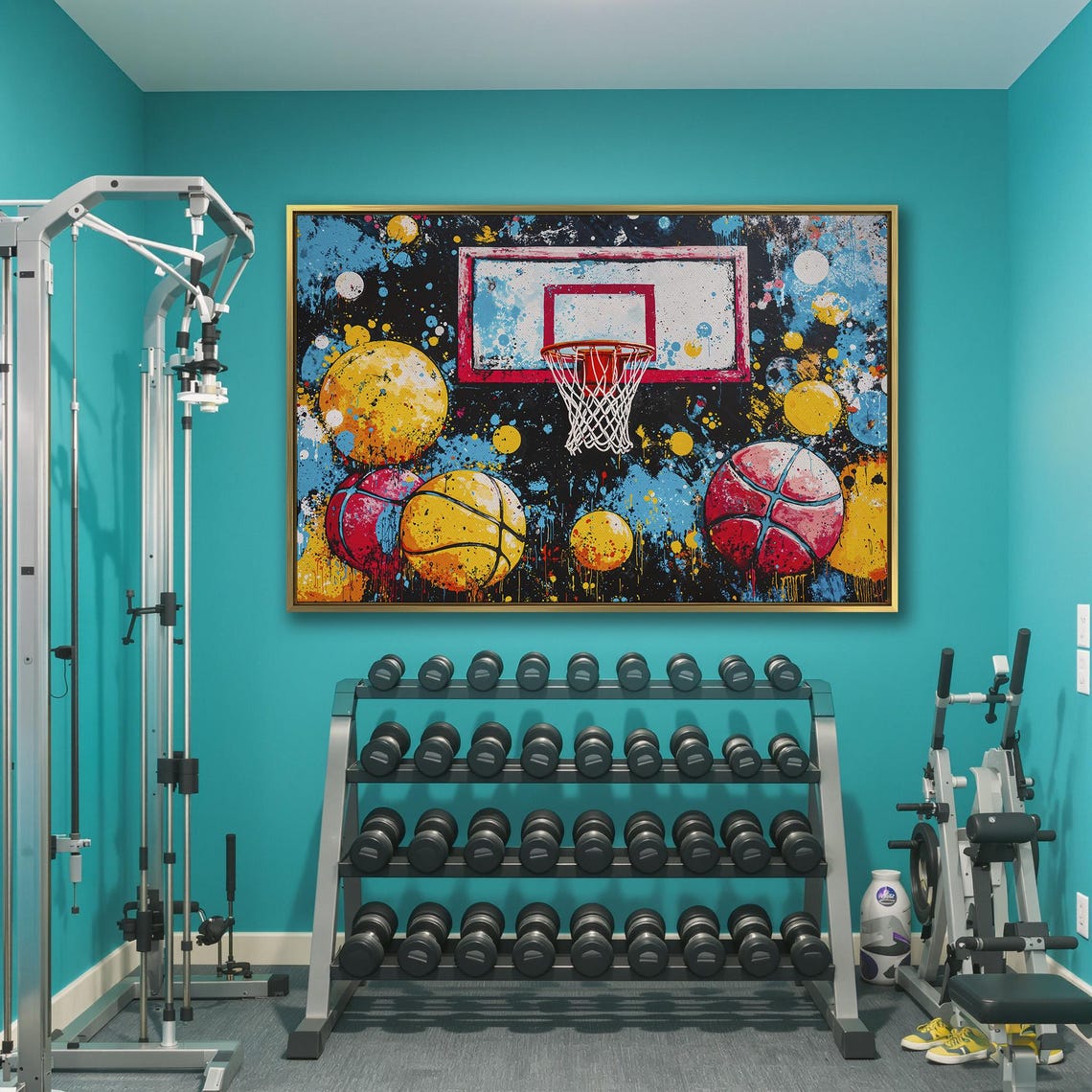 Pop Art Basketball Hoop With Colorful Balls Paint Splatter Poster - Image 3