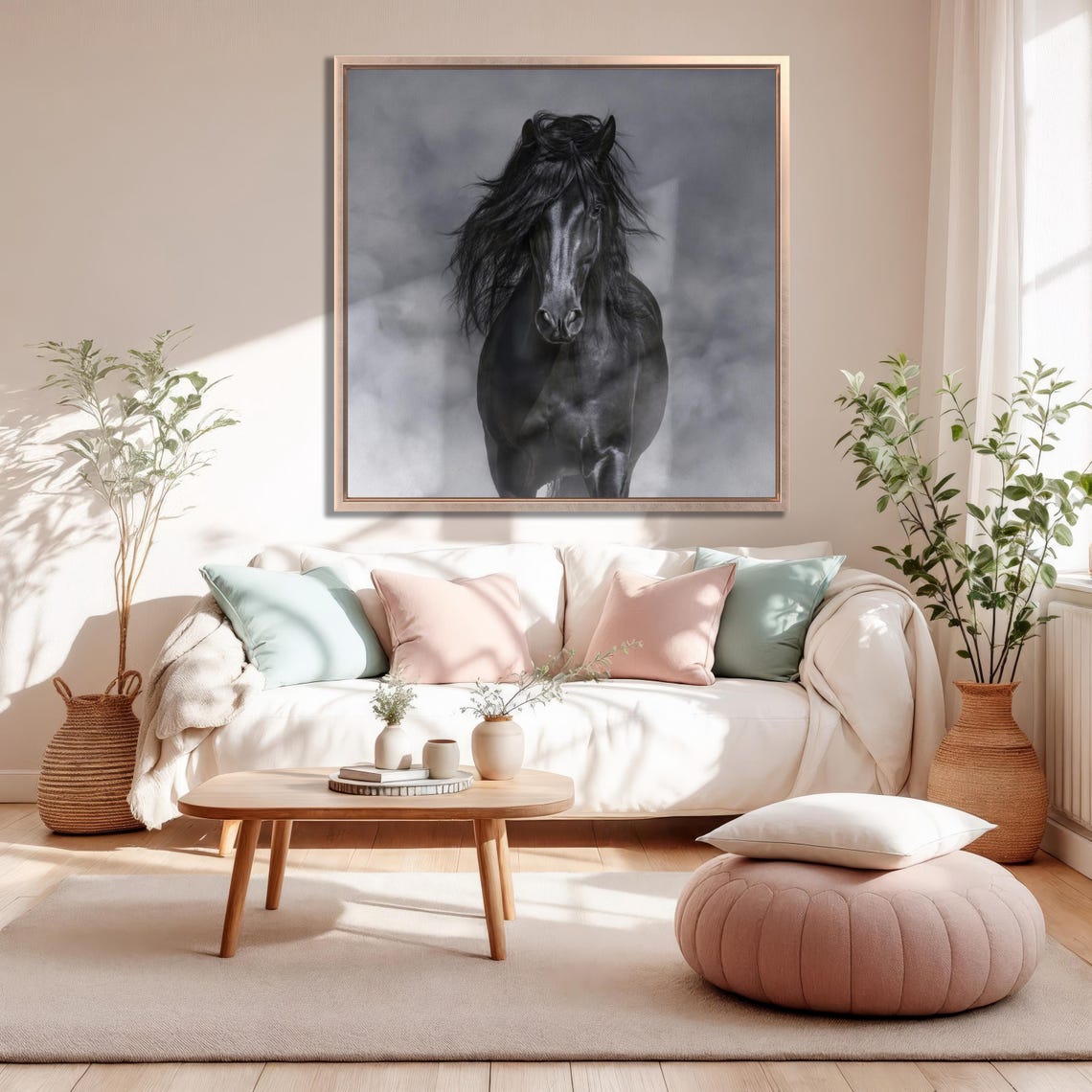 Black Horse Galloping Through Mist Monochrome Equine Wall Art - Image 2