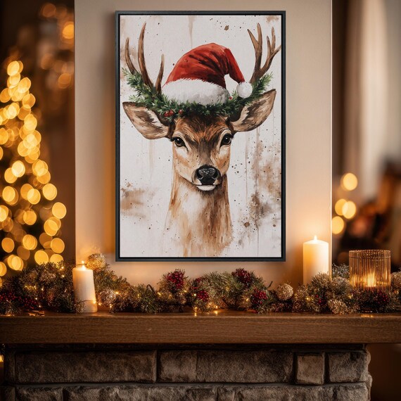 Whimsical Deer With Santa Hat Greenery Wreath Christmas Poster