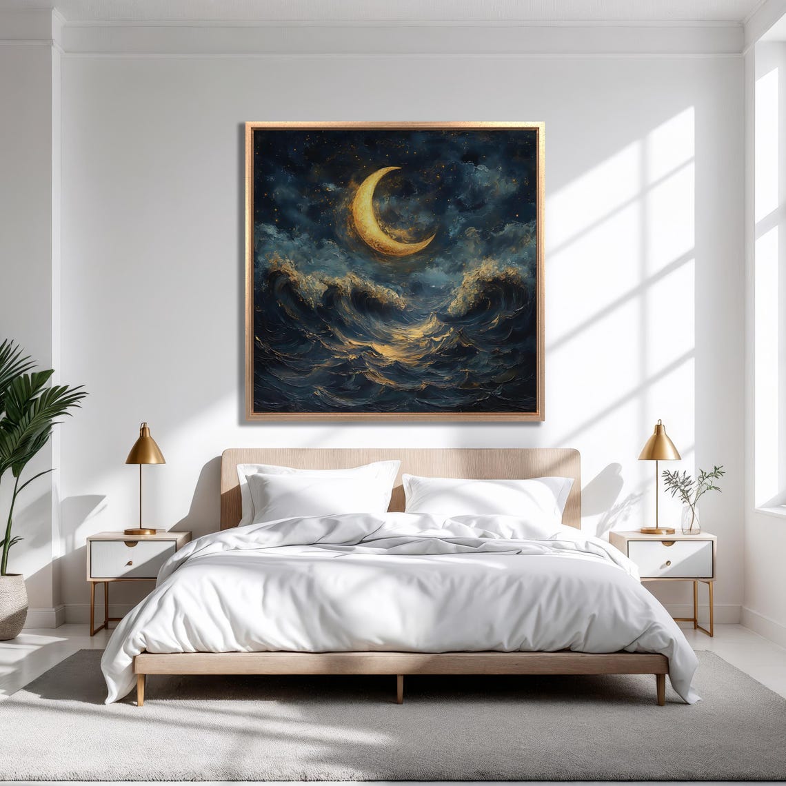 Golden Crescent Moon Over Stormy Dark Night Ocean Impasto Poster - Image 4
