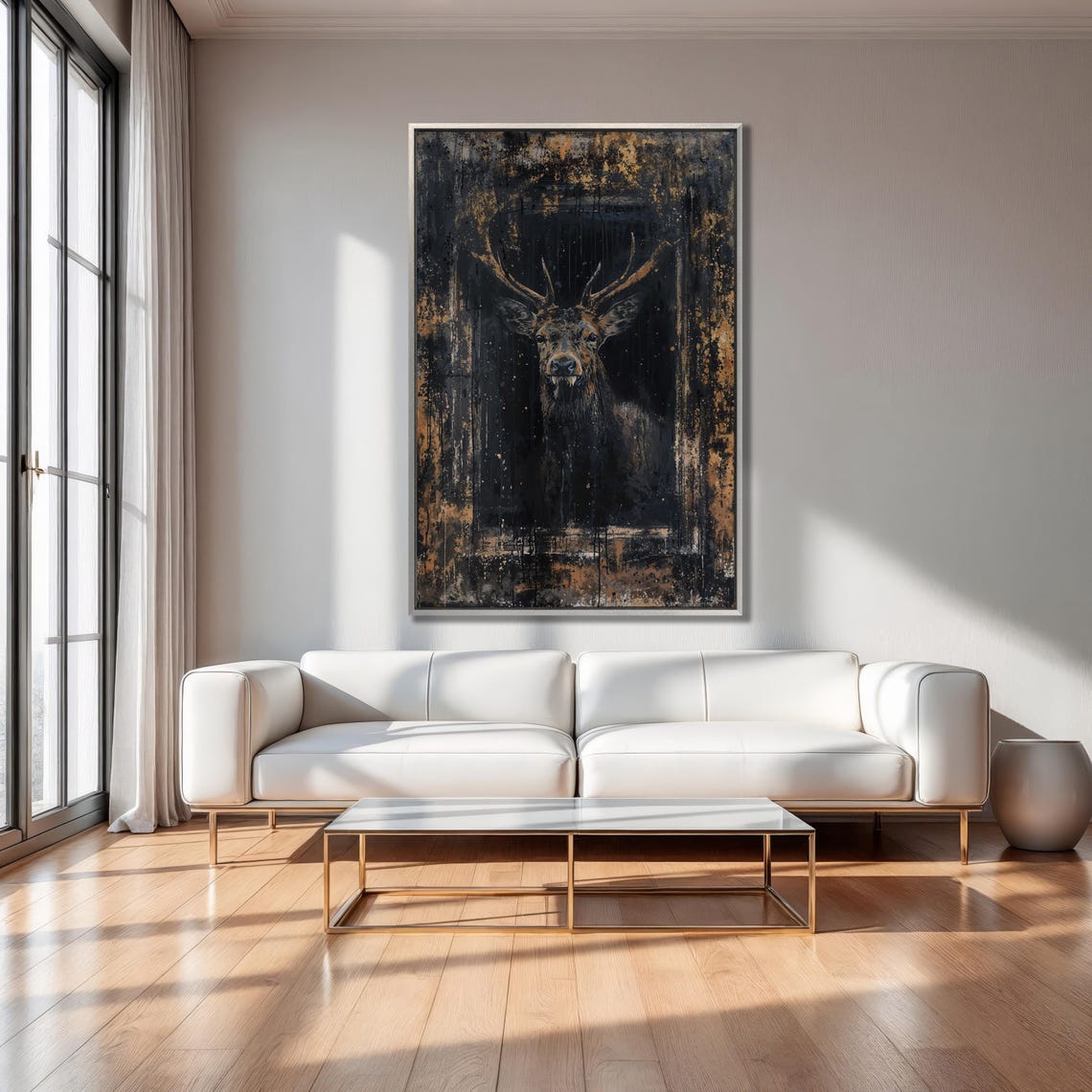 Dark Abstract Stag Portrait Gold Splatter Moody Deer Painting Poster - Image 3