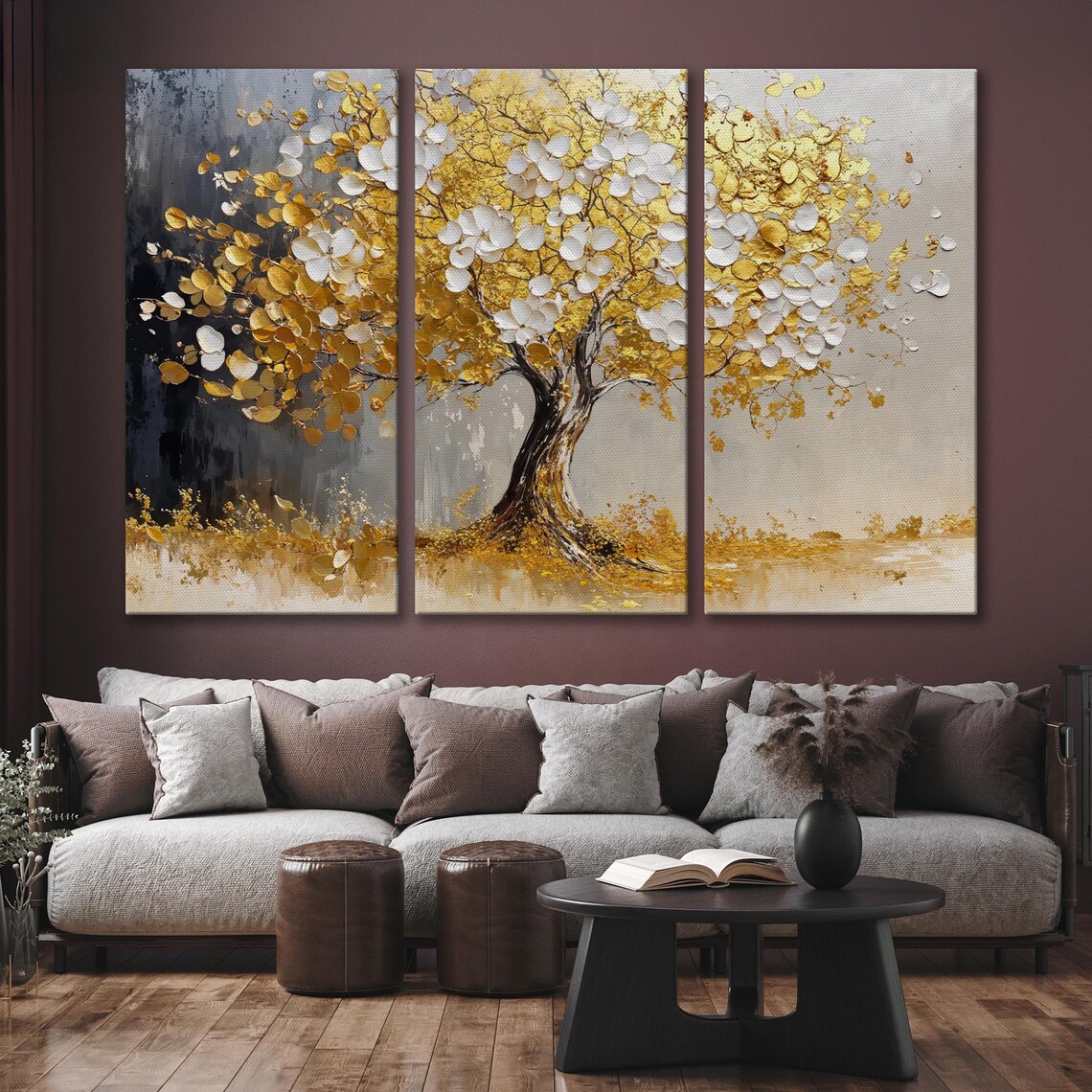 Golden Tree Of Life Painting Gold White Leaves Gray Art Poster - Image 6