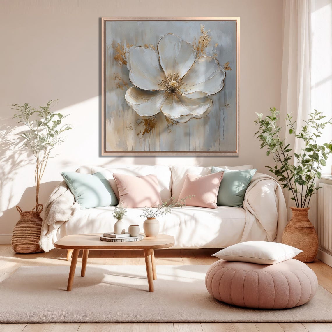 White Blossom With Gold Accents On Gray Impasto Painting Poster - Image 2