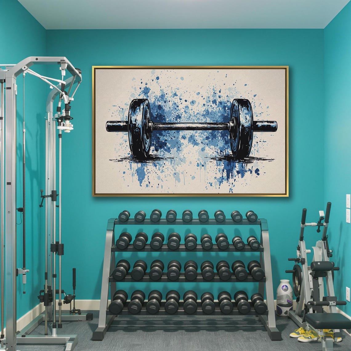 Ink Sketch Barbell with Blue Paint Splatter on Cream Sports Poster - Image 3