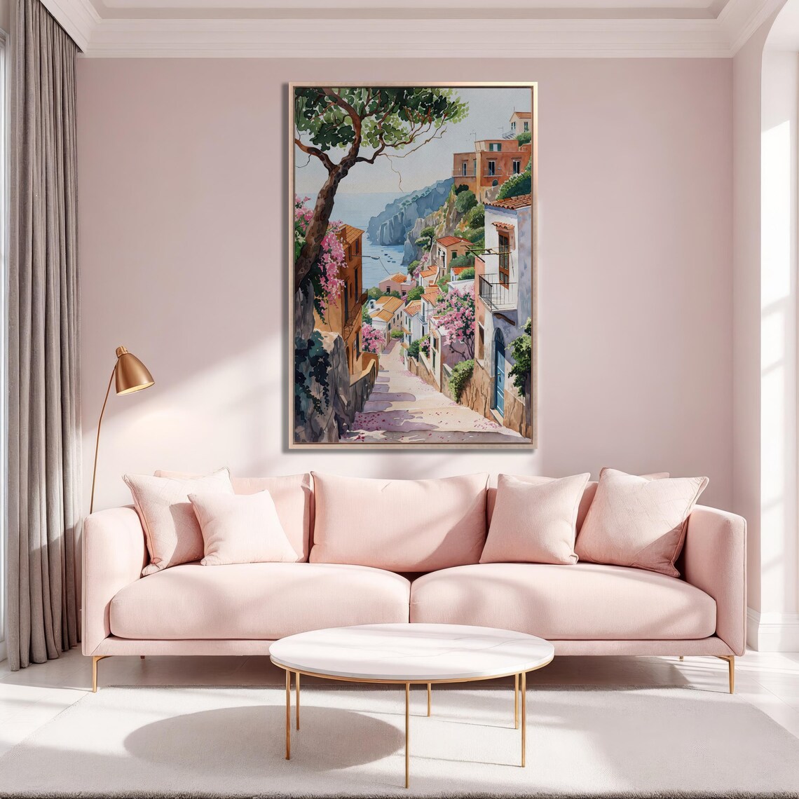 Amalfi Coast Village Street Pink Bougainvillea Watercolor Poster - Image 4