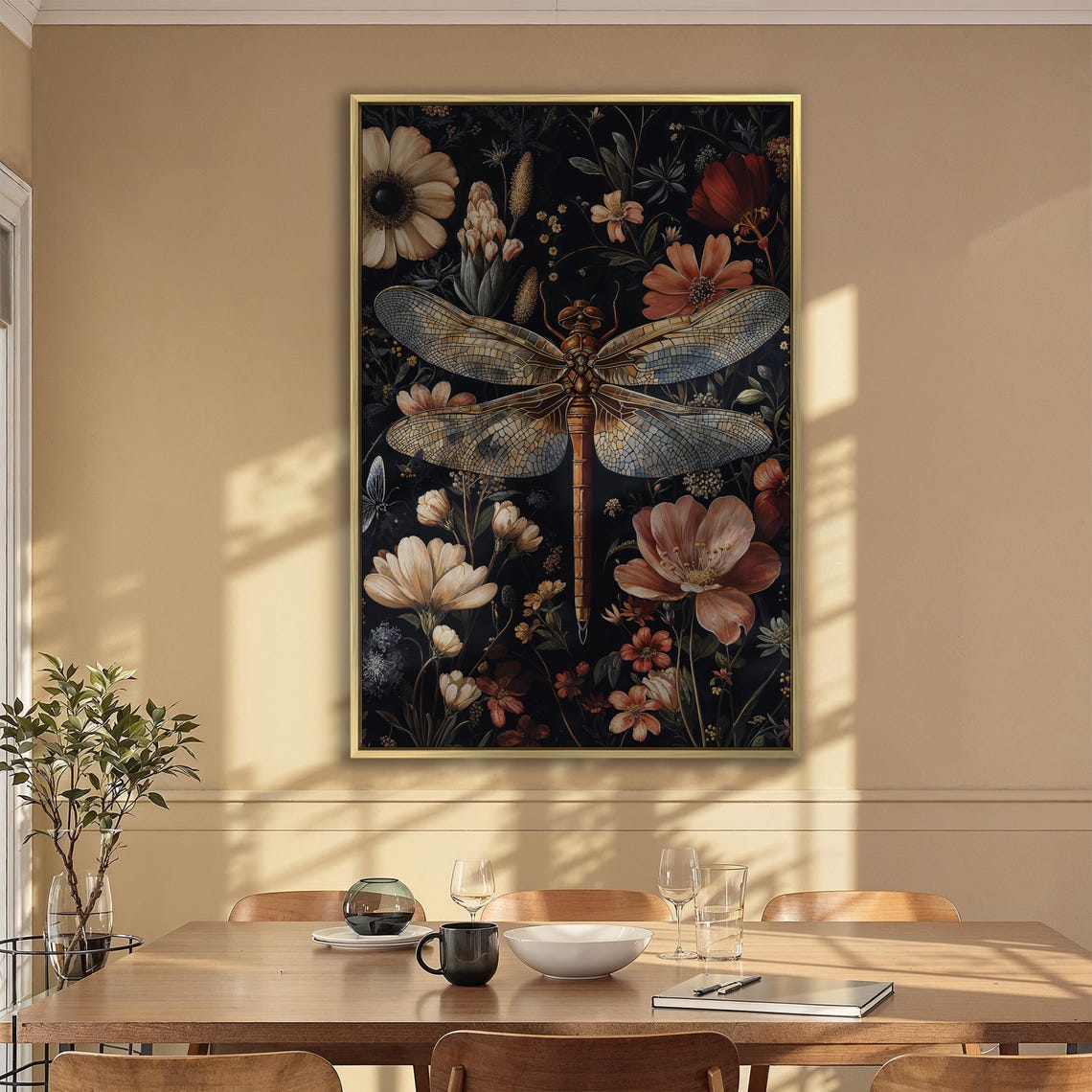 Golden Dragonfly Among Vintage Blooms On Black Floral Poster - Image 2