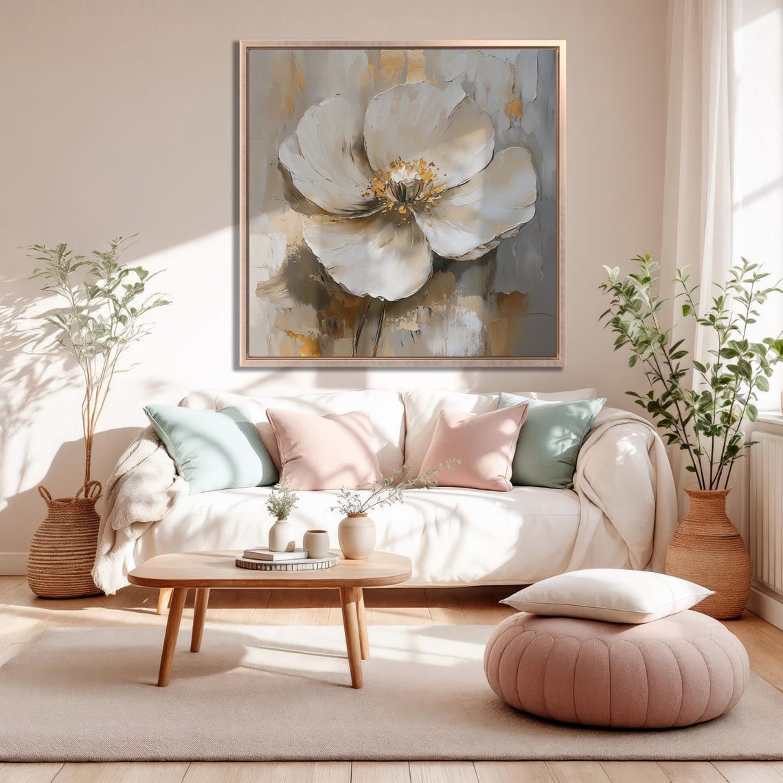 White Magnolia Flower With Gold Accents On Gray Impasto Art Poster - Image 6