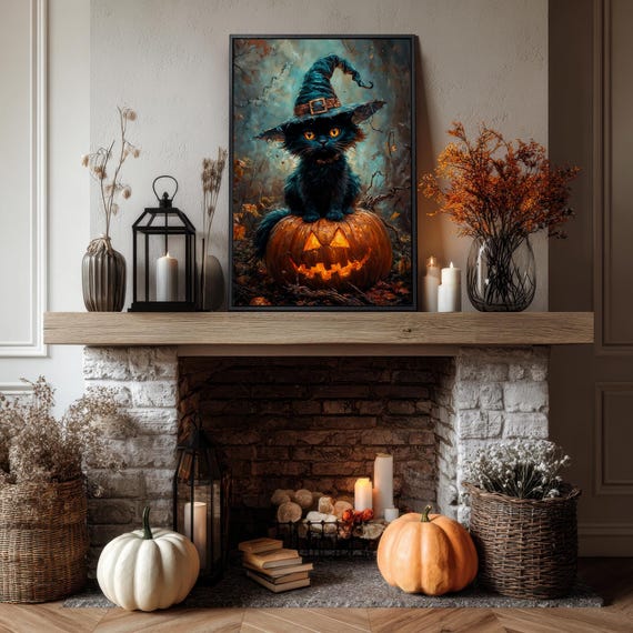 Cute Black Cat With Witch Hat Canvas Wall Art Pumpkin In Spooky Forest Painting Print Mystical Feline Poster Halloween Decor Ready To Hang