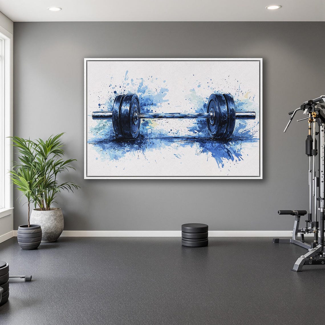 Blue Watercolor Barbell on White with Paint Splatter Fitness Poster - Image 5