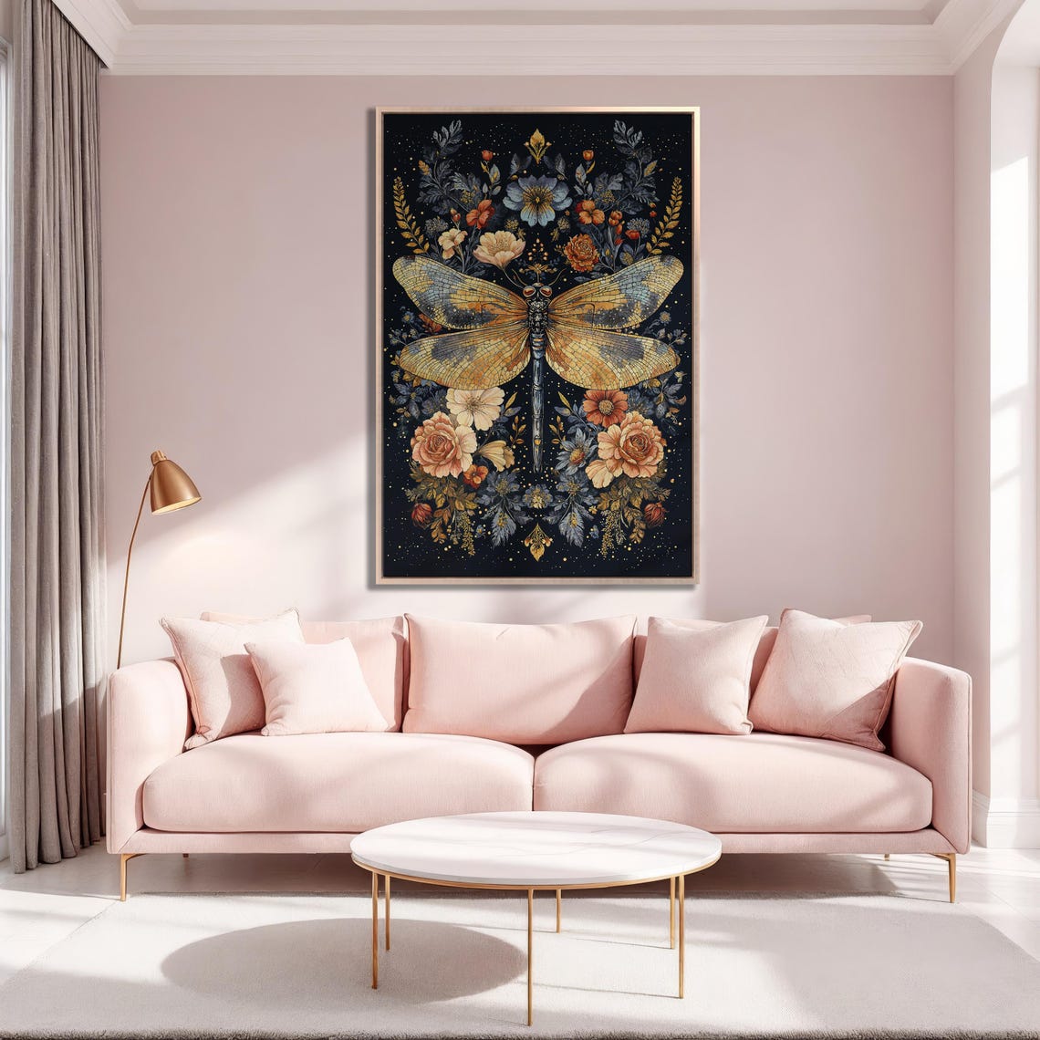 Golden Dragonfly With Ornate Rose Wreath Night Garden Poster - Image 5