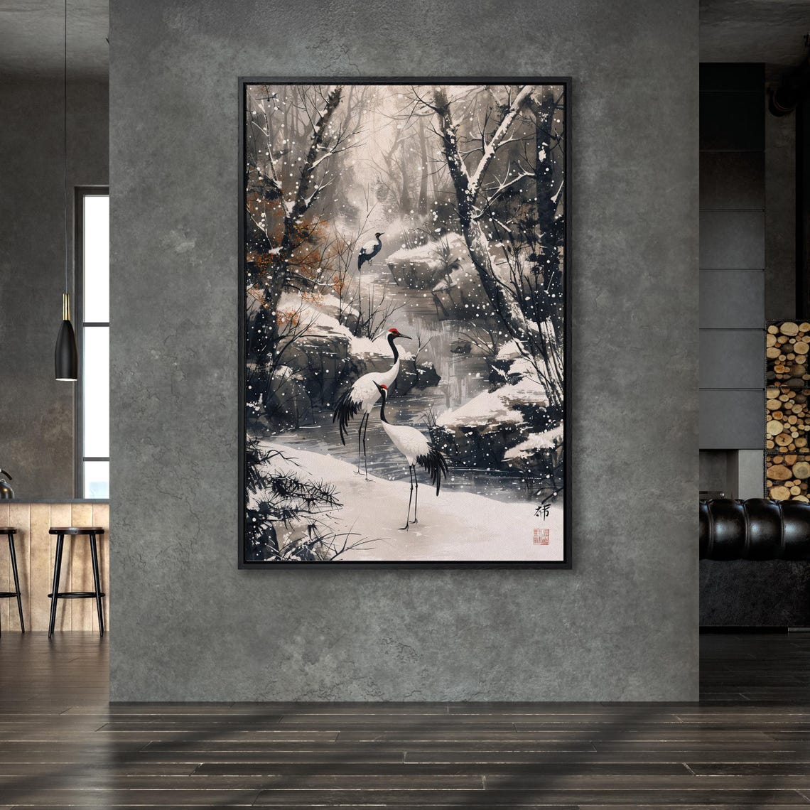 Red Crowned Cranes In Snowy Japanese Ink Painting Landscape Poster - Image 4