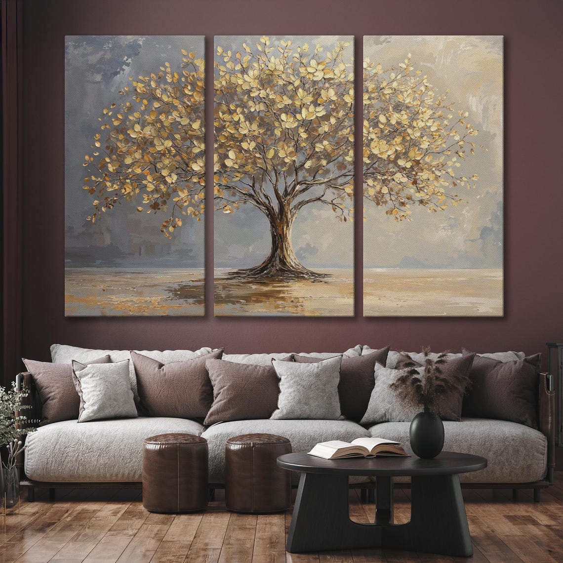 Golden Leaf Tree Standing Alone On Misty Gray Abstract Wall Art - Image 6
