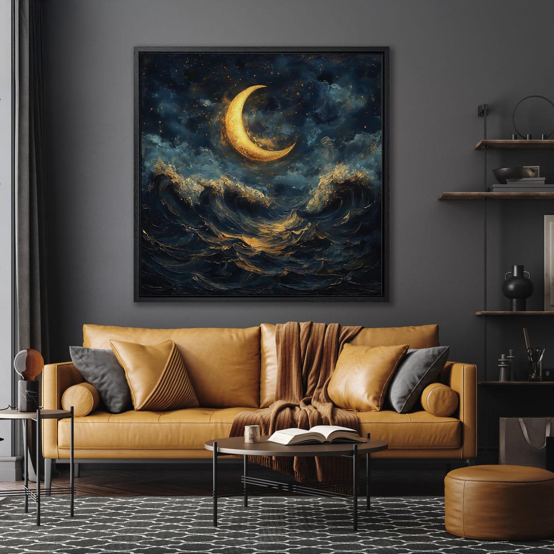 Golden Crescent Moon Over Stormy Dark Night Ocean Impasto Poster - Image 6