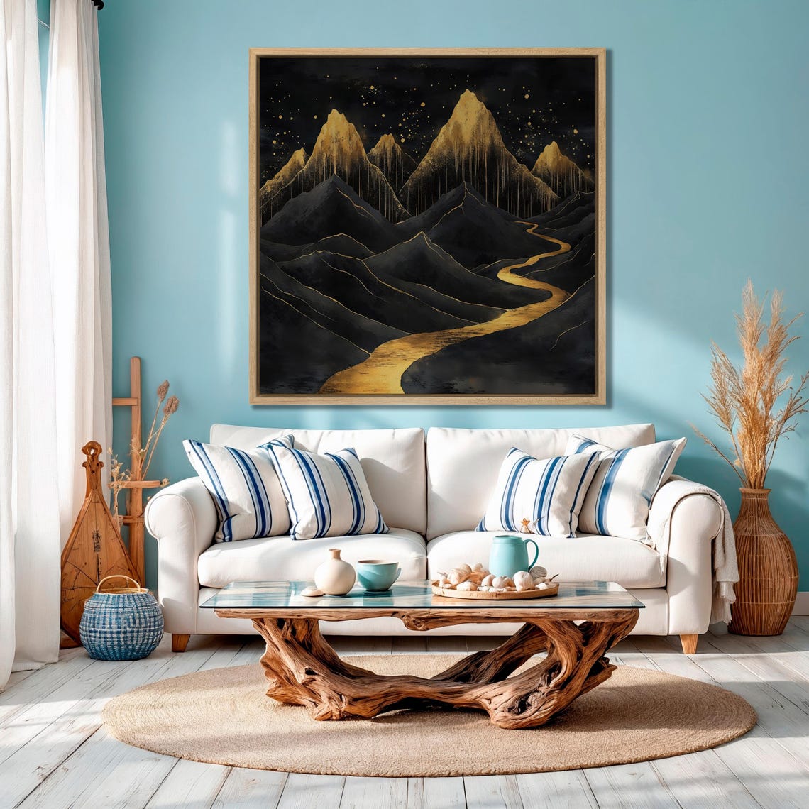 Black And Gold Mountain Peaks With Golden River Night Poster - Image 3