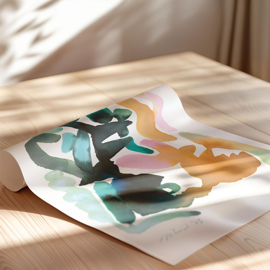 Dark Green Teal Abstract Watercolor Organic Shapes Art Poster - Image 3