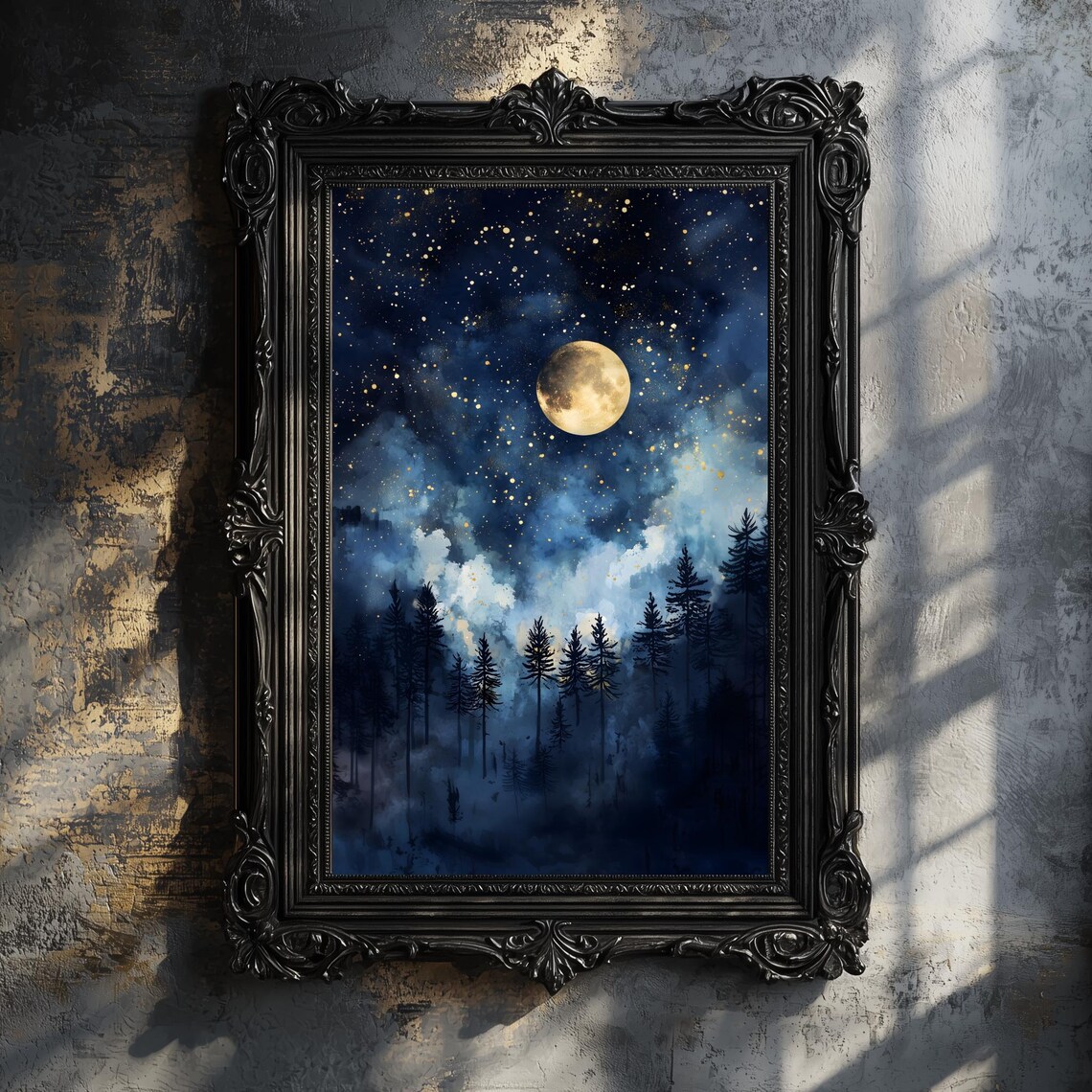 Celestial Full Moon Art Print, Moody Night Sky Stars - Image 2