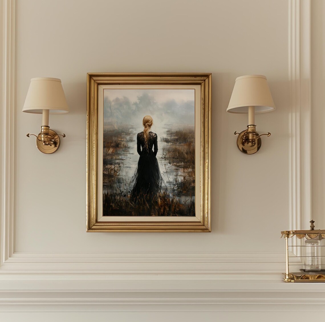 Blonde Woman Black Dress Back View Misty Marsh Wetland Moody Oil Print - Image 2