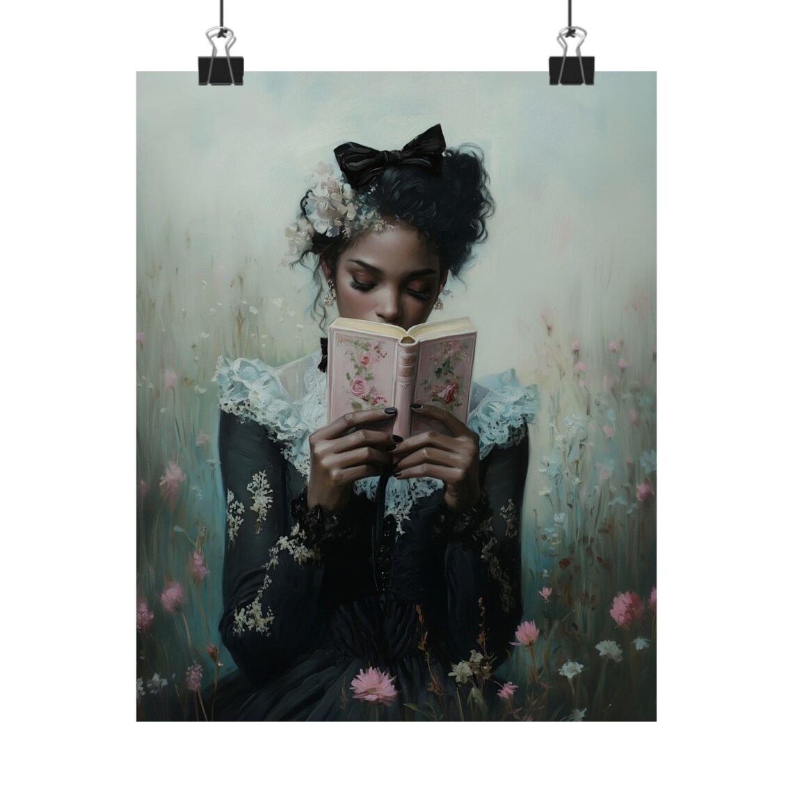 Black Woman Reading Pink Book Wildflower Meadow Victorian Dress Bookish Art Print - Image 2