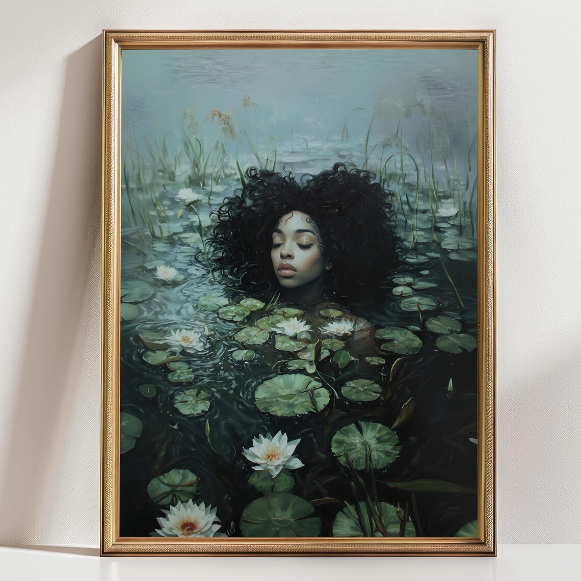 Black Ophelia Woman Curly Hair Floating Water Lily Pond Dark Romantic Print
