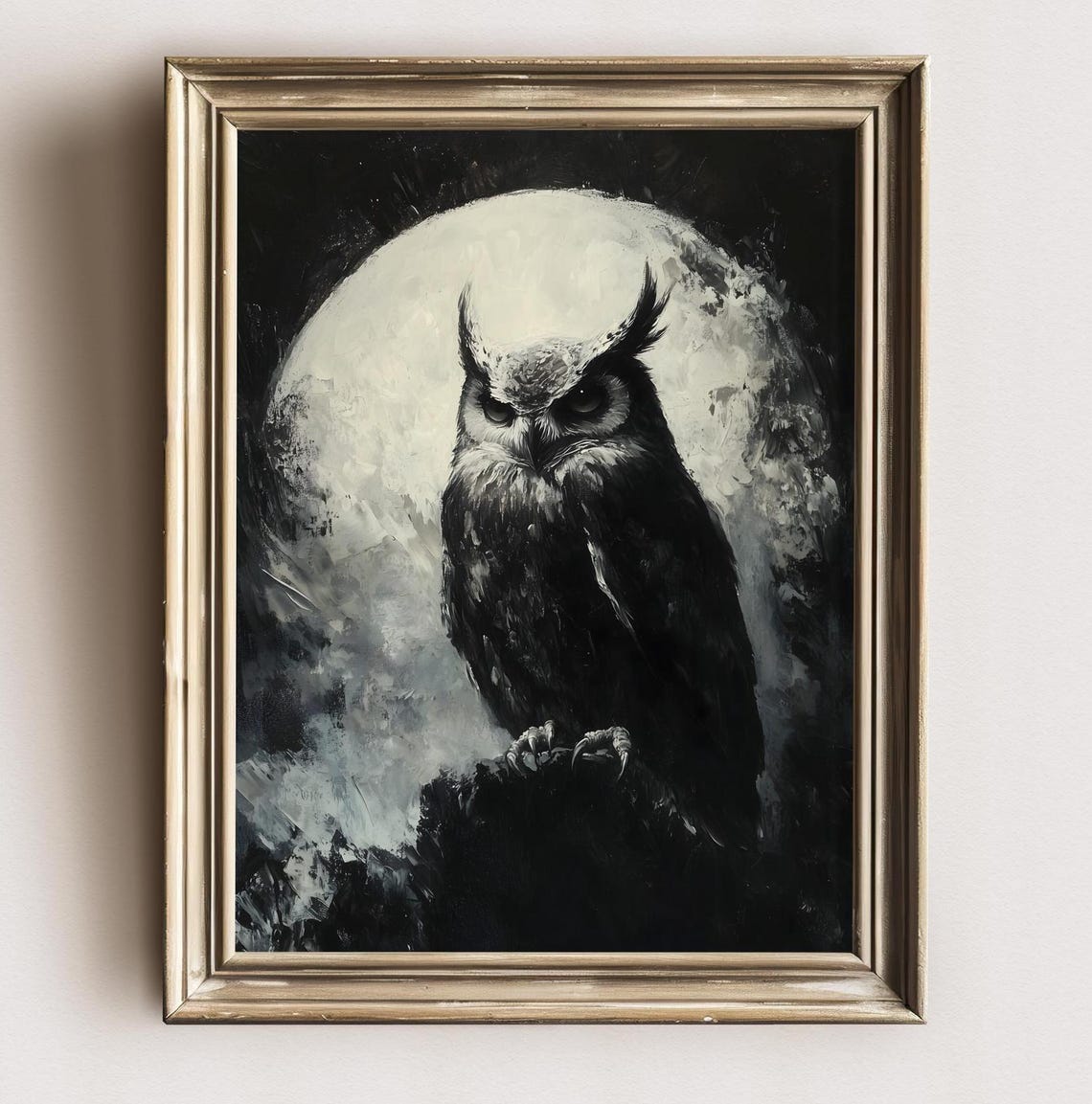 Great Horned Owl Under Full Moon Moody Black White Night Poster - Image 3