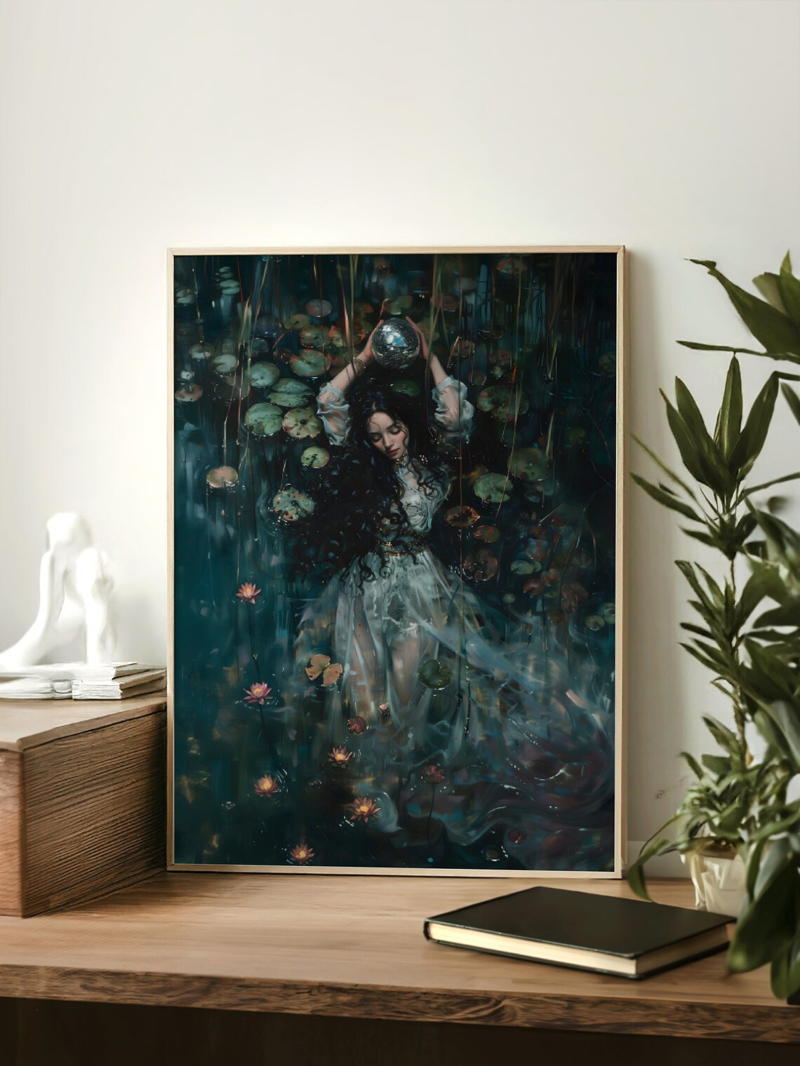 Woman Holding Disco Ball In Dark Lily Pond Night Water Lilies Surreal Art Print - Image 2