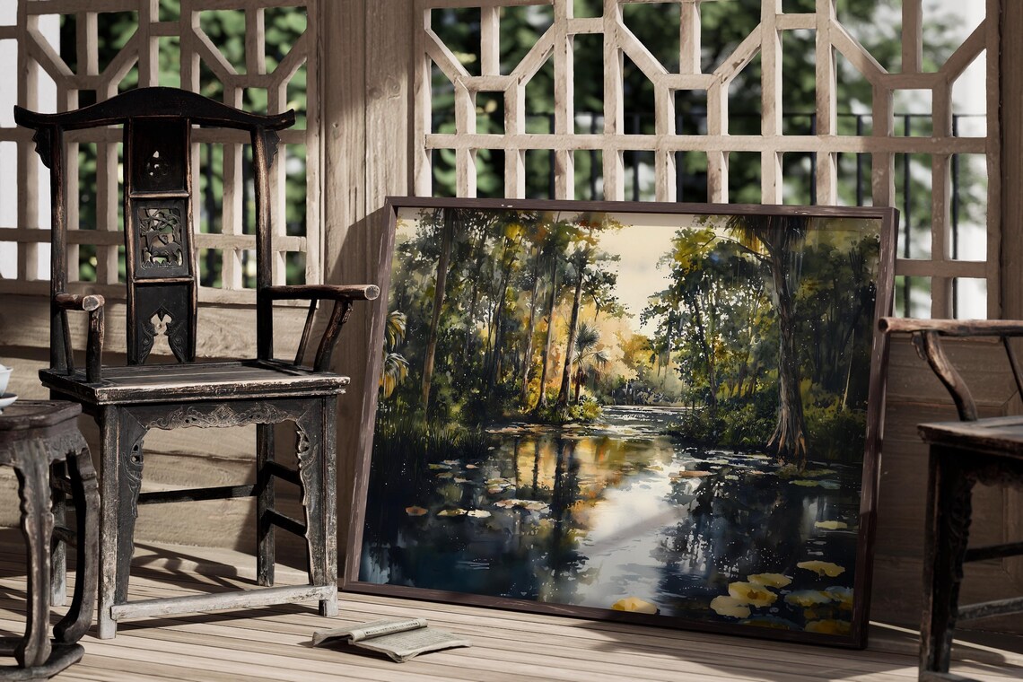 Sunlit Wetland River Watercolor Landscape Golden Light Art Print - Image 3