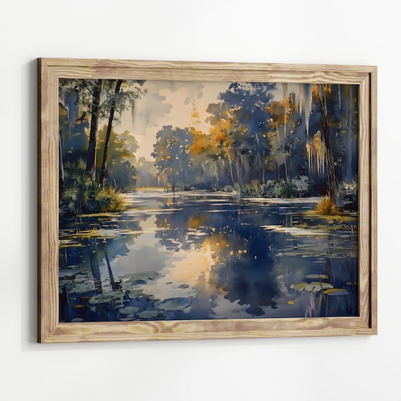 Sunset Cypress Swamp Lake Golden Reflection Watercolor Wetlands Art Print