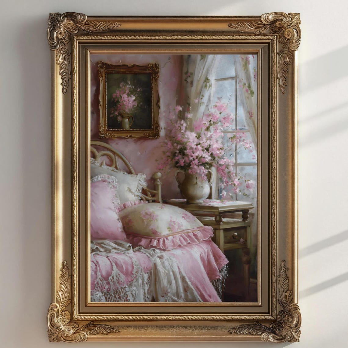 Pink Coquette Bedroom Pink Florals Lace Bedding Romantic Wall Art