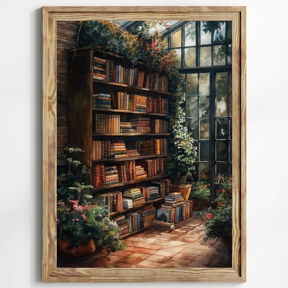 Greenhouse Library Bookshelf Vintage Books And Plants Art Poster