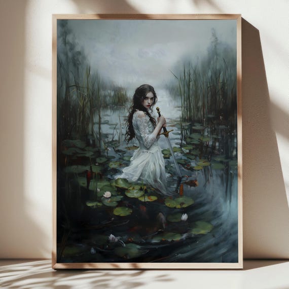 Female Knight Victorian Decor Dark Academia Print The Lake Goth Moody Victorian Wall Art Dark Decor Aesthetic Woman With Sword Print