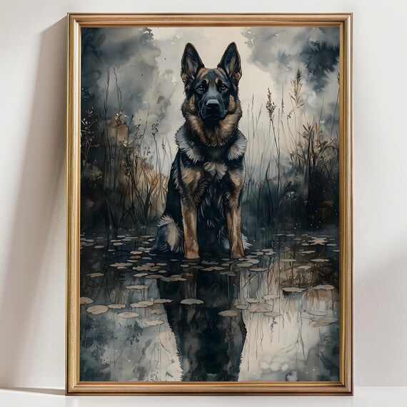 Moody Dark Landscape German Shepherd Print Vintage Lake Painting Dog Wall Art Print Dark Cottagecore Landscape Farmhouse