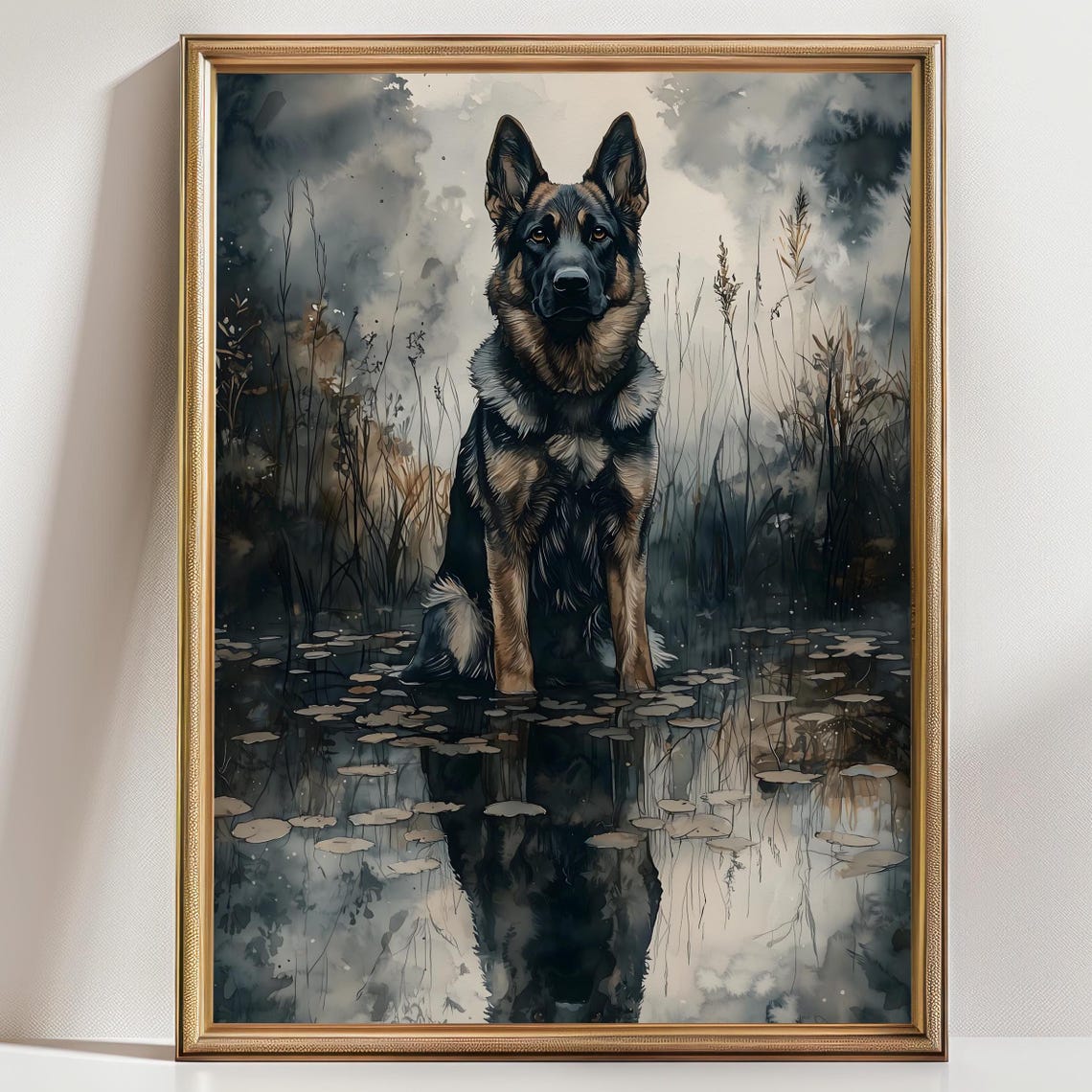 German Shepherd Dark Lily Pond Watercolor Moody Dog Portrait Print
