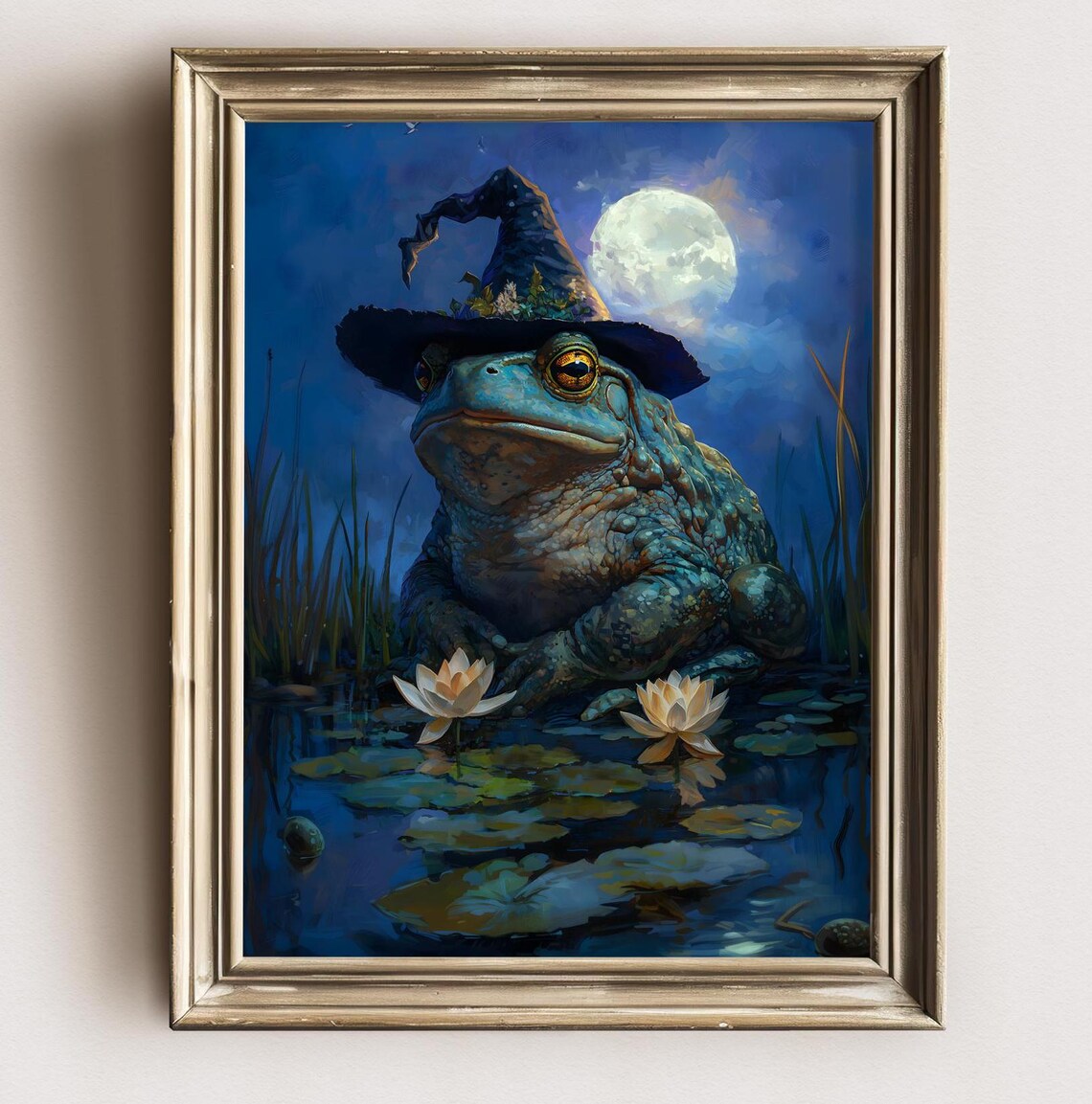 Wizard Toad Witch Hat Full Moon Pond Water Lilies Gothic Halloween Poster - Image 2