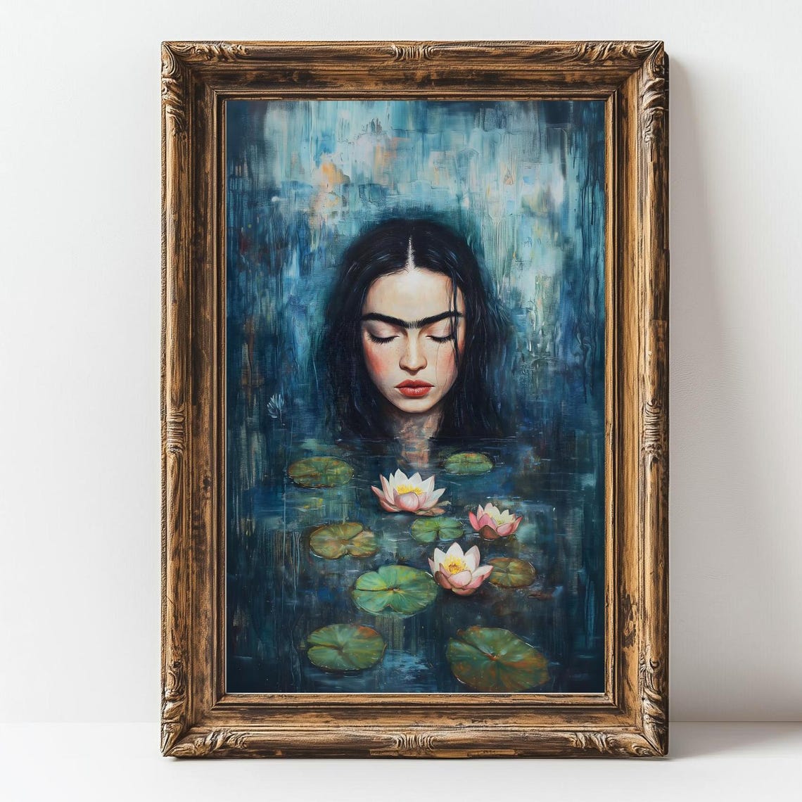 Frieda Woman Face Blue Water Lilies Dark Lake Oil Painting Art Print