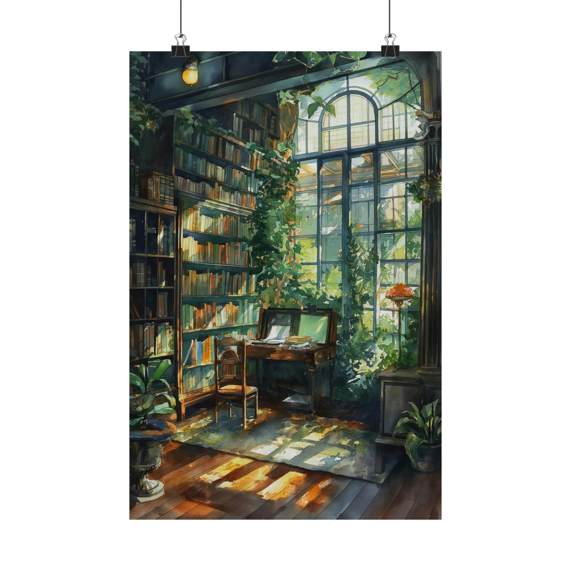 Sunlit Greenhouse Library Bookshelves Arched Windows Bookish Art Print - Image 2
