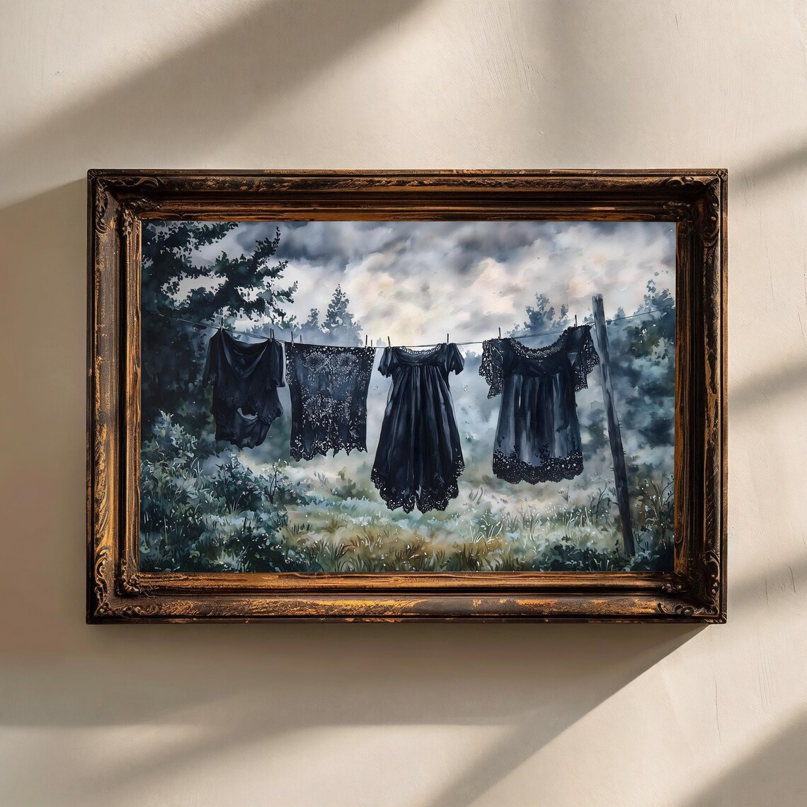 Black Lace Dresses Clothesline Foggy Garden Watercolor Gothic Art Poster - Image 2
