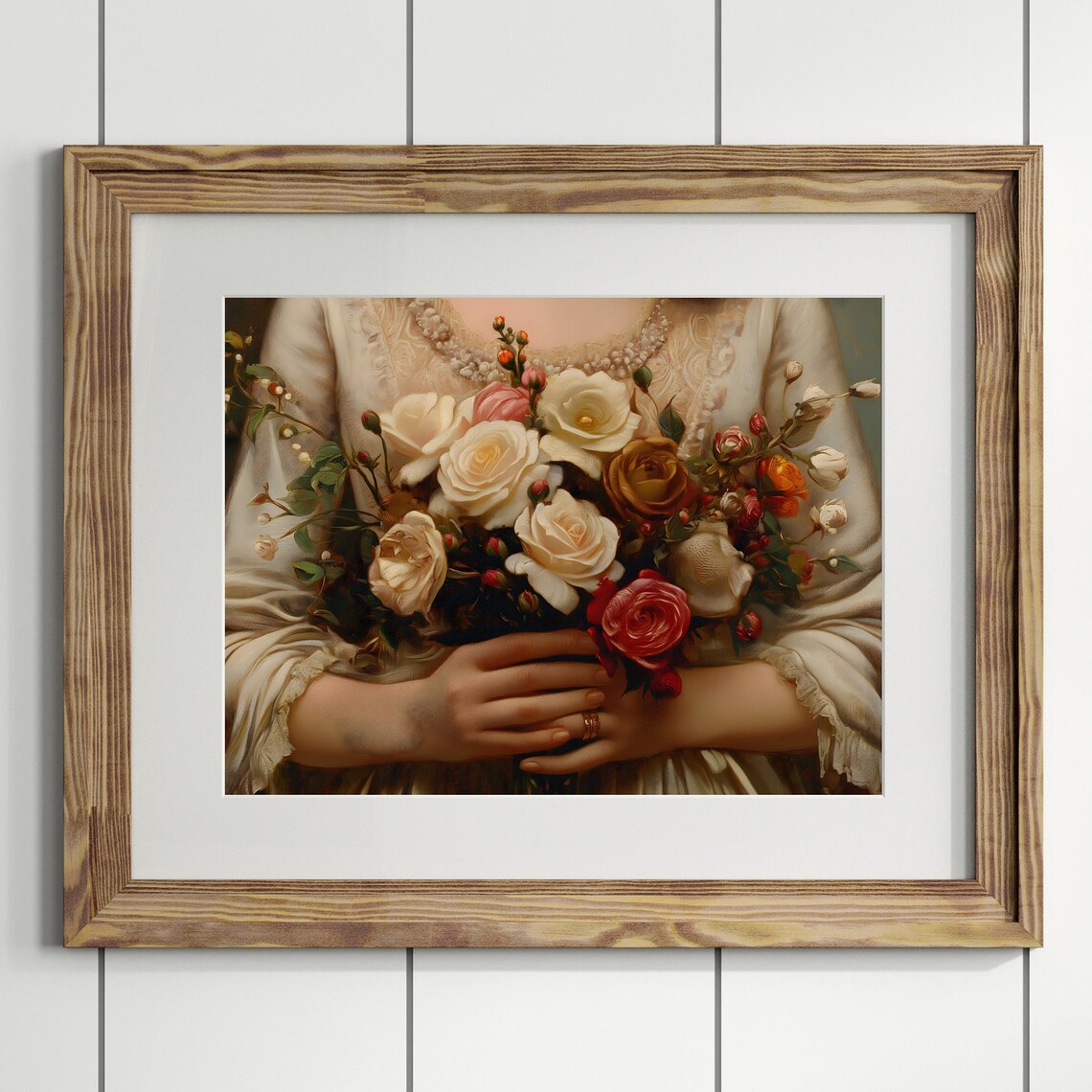 Victorian Woman Holding Rose Bouquet Moody Floral Oil Painting Print - Image 2