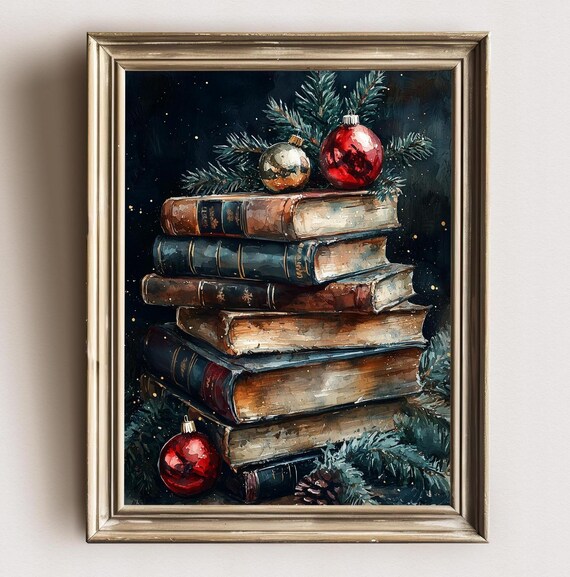 Vintage Books Rustic Christmas Wall Art Print Painting Dark Cottagecore Moody Dark Academia Decor Seasonal Gothic Book Lover Library Decor