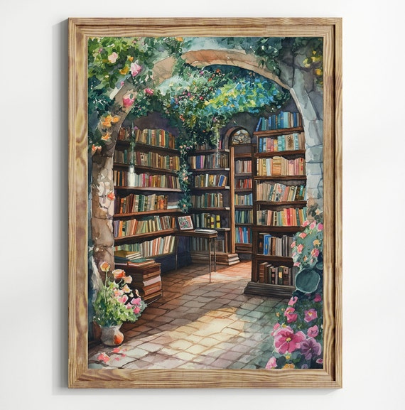 Old Vintage Book Store Poster Book Shop Print Book Lovers Gift Reading Gift Book Lovers Art Botanical Library Art Bookish Gift Idea