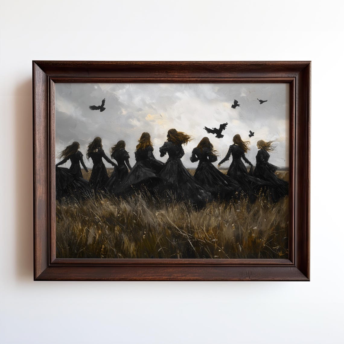 Witch Coven Black Dresses Windy Field Crows Stormy Sky Oil Art Print - Image 3