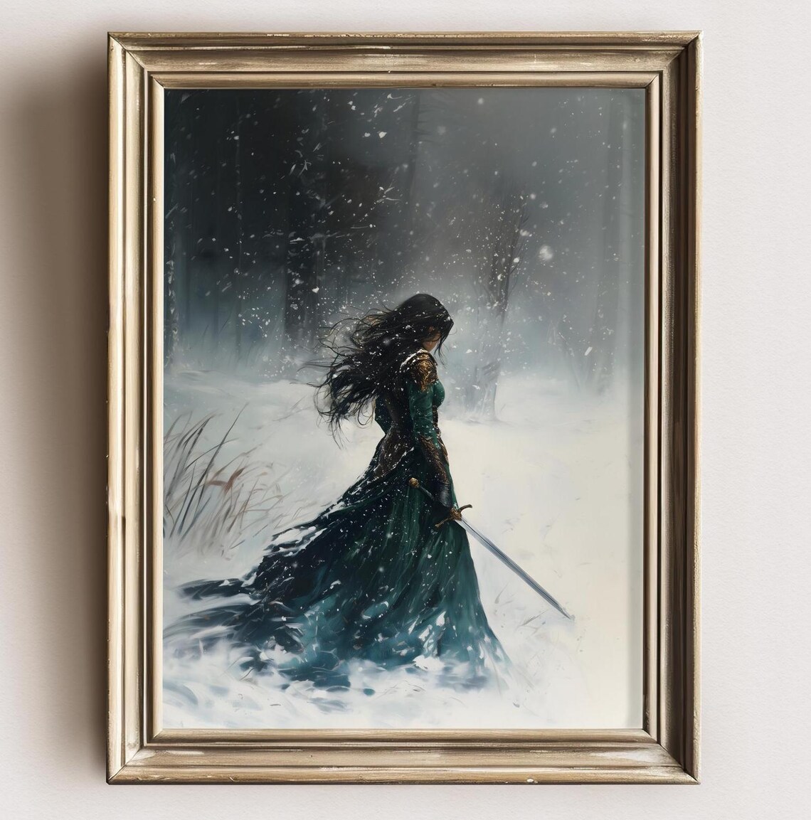Female Warrior Emerald Dress Sword Snowstorm Winter Fantasy Wall Art