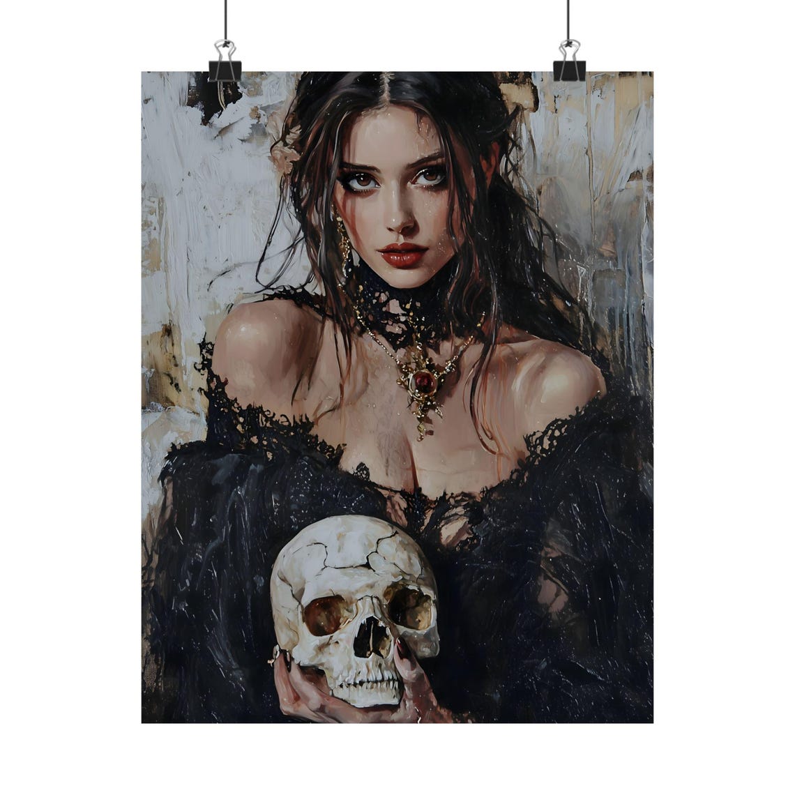 Gothic Woman Holding Skull Black Lace Dark Romantic Oil Painting Print - Image 2
