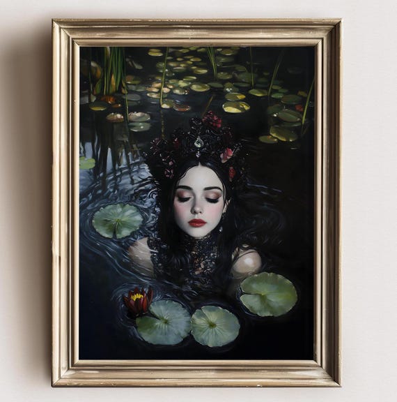 Ophelia Dark Academia Print The Lake Goth Moody Victorian Wall Art Dark Decor Aesthetic Dark Cottagecore Gothic Prints Into Lake