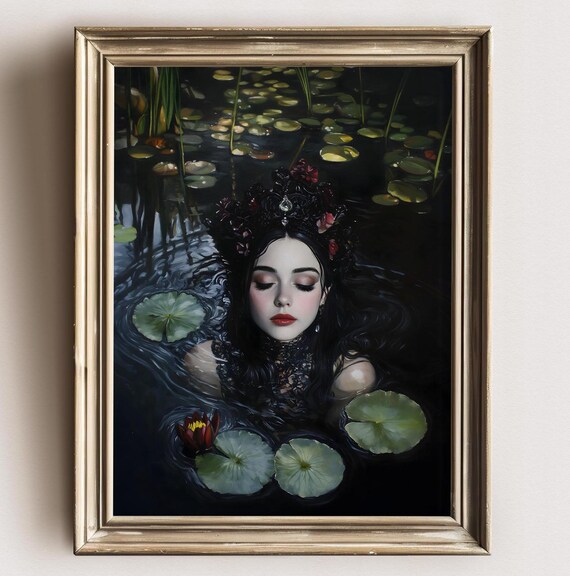 Ophelia Floating Water Lilies Dark Gothic Moody Lake Art Poster